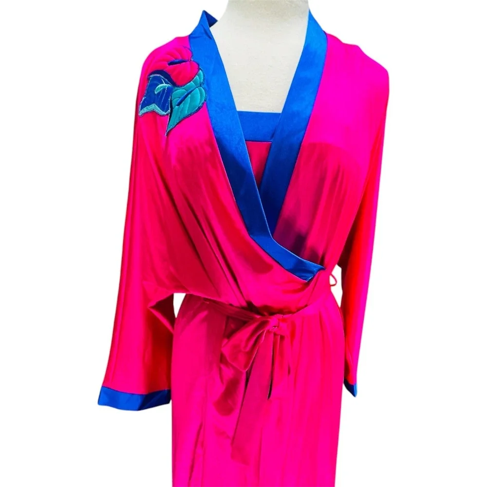 VTG Bright Pink Blue Gown Satin Slip Robe Set Tropical Monstera Leaf M Peignoir